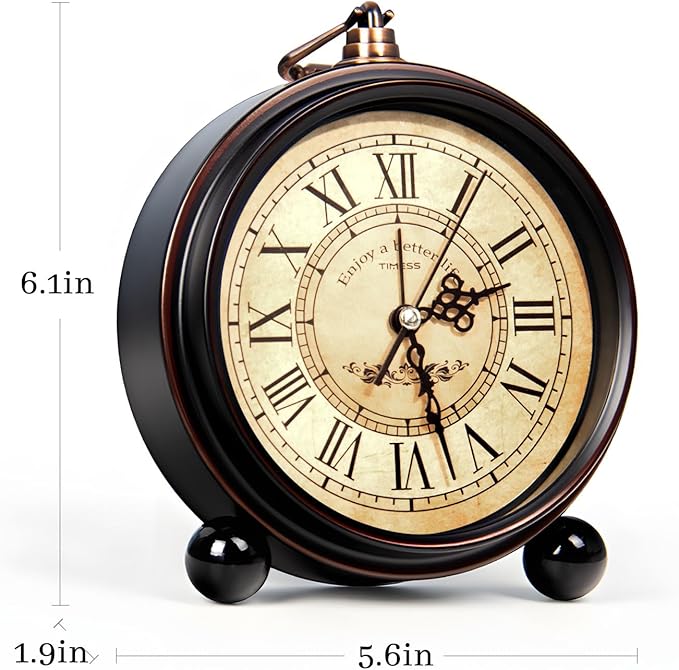 Vintage Analog Alarm Clock, 6.1" Silent Non-Ticking Quartz Desk Clock with Roman Numerals, Battery Operated Table Clock for Bedroom, Living Room, Office, or Gift (White)