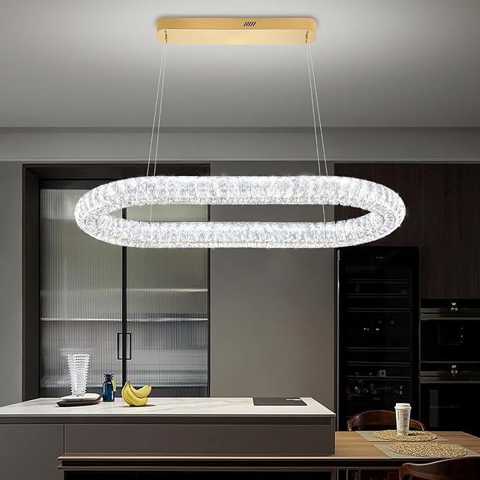 Oval Crystal Chandelier, 40'' Gold Crystal Ring Pendant Light for Kitchen Island Modern Linear Oval Chandeliers for Dining Room Dimmable 3000K-6000K