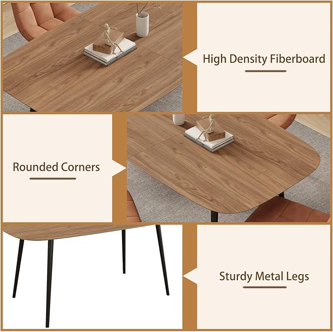 55.1'' Dining Table Set for 4,Modern Wood Dining Table,Leather Dining Chairs 4,Table and Chairs Set of 4,Ideal for Kitchen Dining Room (Walnut Color Table + 4 U-Shaped Brown Chairs, 55.1")