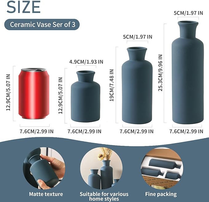 Ceramic Vase Set of 3, Neutral Modern Vases Home Decor Boho Vase Farmhouse Decor Flowers Pampas Vases for Table Mantel Entryway Shelf Living Room Kitchen Bathroom - Navy Blue