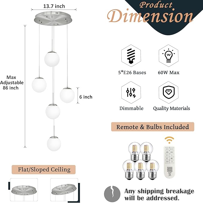 KoKo&Yukina 5-Light Globe Glass Pendant Light Adjustable Length Pendant Lights Fixtures Modern Nickel Chandelier with Milky White Glass Ceiling Lights for Foyer Hallway Bedroom (Bulb & Remote Incl.)