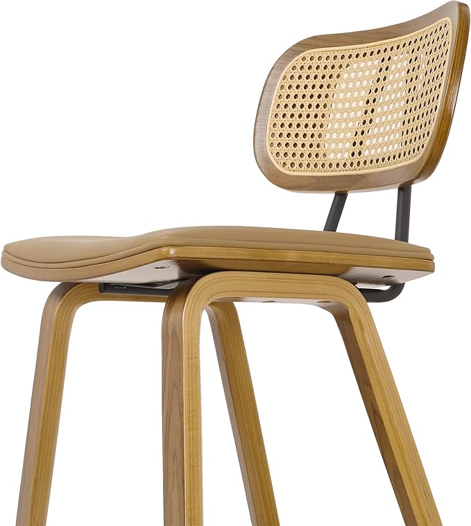 26" Counter Height Bar Stools Mid Century Modern Counter Stools, Wood Counter Stool with PU Leather Upholstered Bar Chair with Rattan Back, Counter Height Stools for Kitchen Island, Brown & Walnut