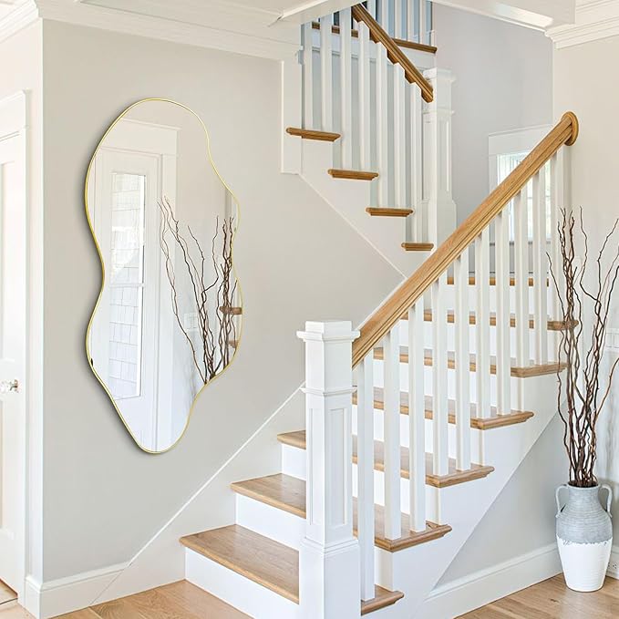 Irregular Wall Mirror, Gold Asymmetrical Mirrors, 47.2"x21.6" Large Wavy Shaped Mirror, Modern Frameless Decorative Mirrors for Living Room Bathroom Bedroom Hallway Entryway Fireplace