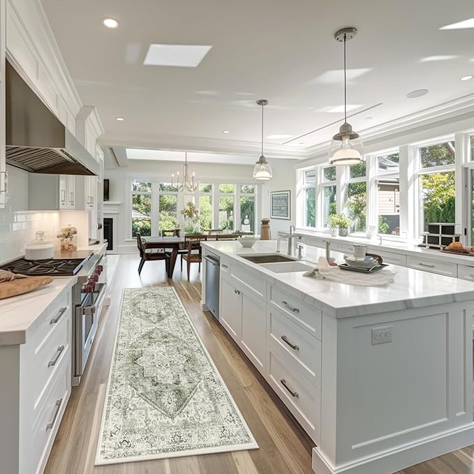 LIVEBOX Sage Green Runner Rug Non-Slip 2.5x8 - Oriental Bedroom Rugs Long Hallway Rugs for Home Decor, Low-Pile Vintage Carpet for Bathroom, Non-Slip Soft Carpet Throw Rug for Laundry Room