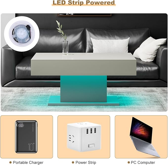 Led Coffee Table for Living Room, Living Room Table Rectangular Center Table, Modern High Glossy Wooden Coffee Tables with 16 Colors LED Lights for Dining Reception Room, Grey