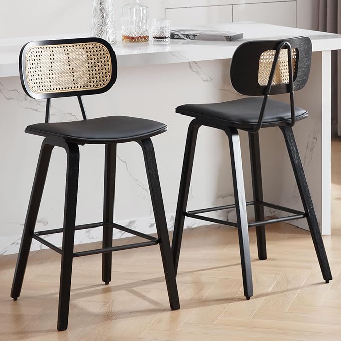 Counter Height Bar Stools Set of 2, 26" PU Leather Upholstered Rattan Barstools, Mid Century Modern Bar Chairs with Black Wood Legs, Armless Walnut Kitchen Island Dining Bar Chair, Black
