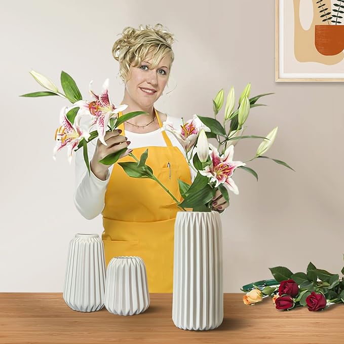 Ceramic Vases Set of 3-White Vase for Modern Home Decor, Flower Vases for Aesthetic Room Decor,Boho Decor Wedding Dinner Table Party Office Centerpiece Table Decorations (White 3 Set)