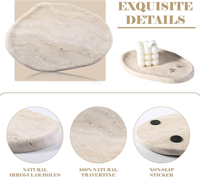 BCS Marble Jewelry Tray Trinket Dish, Decorative Cloud Vanity Key Tray for Women, Perfume Ring Holder Dish for Ring Earring, Cute Jewelry Plate Bowl Aesthetic Room Decor（Beige Travertine）