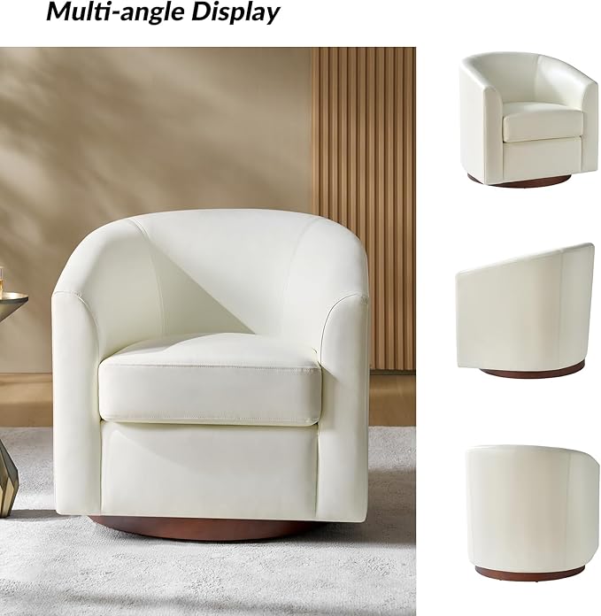 HULALA HOME Faux Leather Swivel Accent Chair with Solid Wood Base, Round Swivel Barrel Chair for Living Room and Bedroom, White