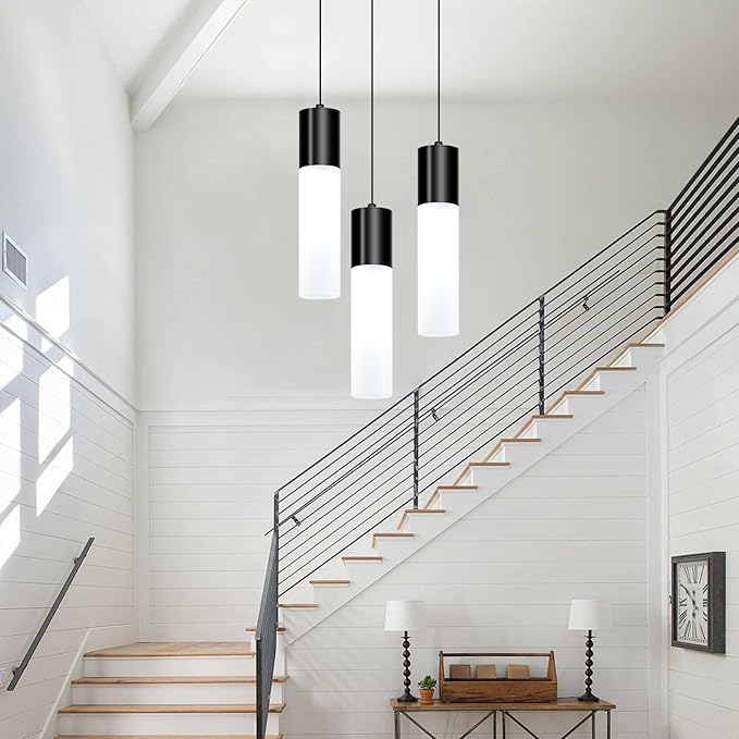 Cluster Pendant Lighting Fixture Black 3-Light Modern Hanging Dining Table Light with Milky White Lampshade LED Pendant Lights for Kitchen Island Dining Room Adjustable Height, 3000K-6000K