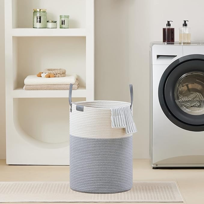 VIPOSCO Tall Laundry Basket, Large Dirty Clothes Hamper with Leather Handle, Woven Rope Storage Basket for Blanket, Toy In Living Room, Bathroom, Bedroom - 58L Grey & White