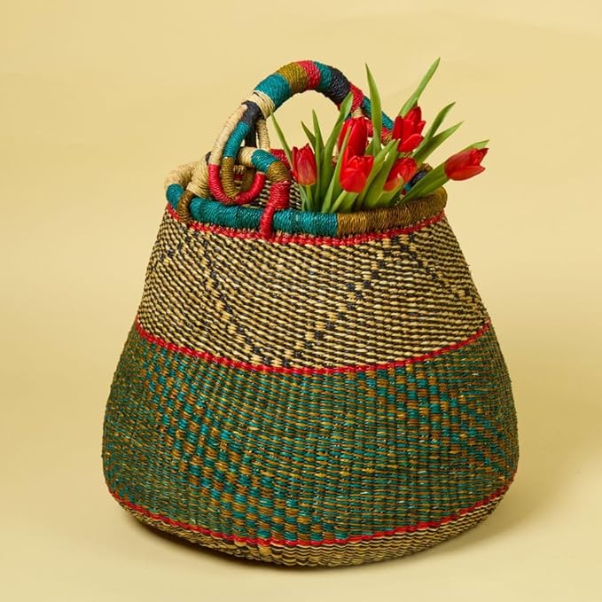 Home & Kitchen Decor, Wicker Basket, Picnic Basket, Living Room Basket, Organizing, Harvesting, Foraging, Fruit Storage, Hand Woven, Pot Shape, 16" Wide, Boho - Dark Green, Red