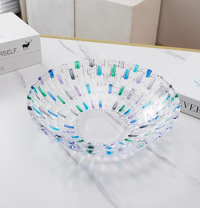 Hand Painted Blue Woven Glass Crystal Salad & Fruit Bowl Decoration,Centerpiece For Home,Office,Wedding Decor, Fruit, Snack, Dessert, Server (Blue)