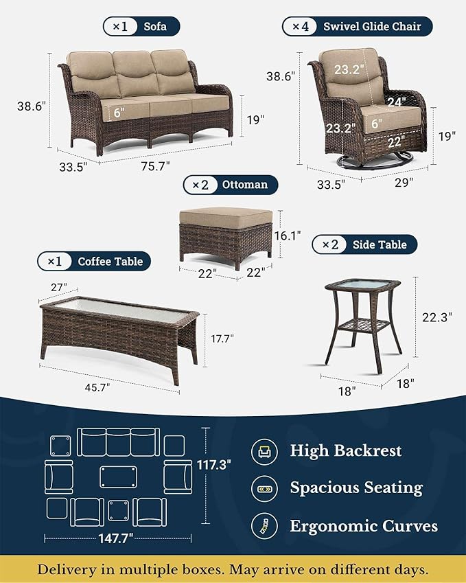 HILLGA Luxury Patio Furniture Set with 6-Inch Thick Cushions, High Back Outdoor Swivel Rocker Chairs and Patio Couch, 10-Piece All Weather Conversation Set for Porch Deck Pool Yard, Beige (V3)