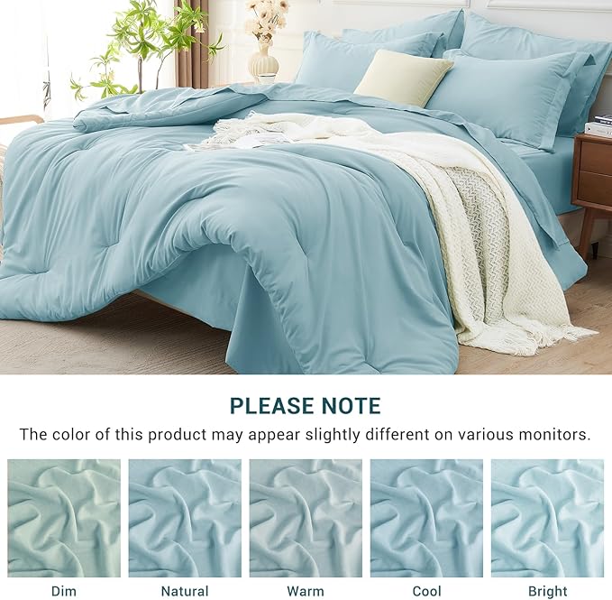 MUXHOMO 7 Pieces Full Comforter Set, Soft Bed in a Bag Full Size, All Season Bedding Set with Comforter, Flat Sheet, Fitted Sheet, Pillowcases & Shams, Lake Blue
