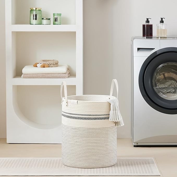 VIPOSCO Tall Laundry Basket, Large Dirty Clothes Hamper with Leather Handle, Woven Rope Storage Basket for Blanket, Toy In Living Room, Bathroom, Bedroom - 53L Stripe White