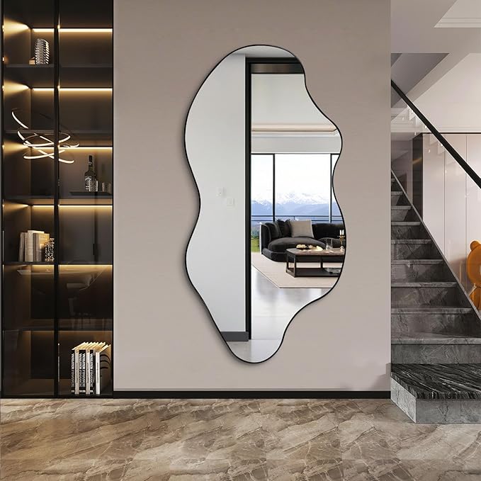 Irregular Mirror Full Length, Large Asymmetrical Wall Mirror, 59"x30" Wavy Shaped Mirrors, Modern Frameless Decorative Mirrors for Dressing Living Room Bathroom Bedroom Hallway Entryway