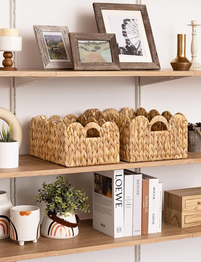 StorageWorks Scalloped Edge Wicker Basket, Hand-woven Rattan Baskets with Built-in Handles, Water Hyacinth Basket for Organizing and Decor, 2 Pack