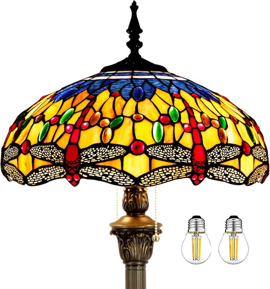 WERFACTORY Tiffany Floor Lamp Blue Yellow Dragonfly Stained Glass Standing Reading Light 16X16X64 Inches Antique Pole Corner Lamp Decor Bedroom Living Room Home Office S168 Series