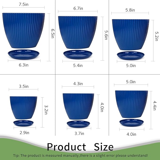 Plant Pots Indoor with Saucers & Drainage - 6 Pack Flower Pots - Plastic Planters for Indoor Planter - 7.5/6.6/5.8/5.0/4.3/3.5 inches Sizes for All Different Types of Plants-Dark Blue