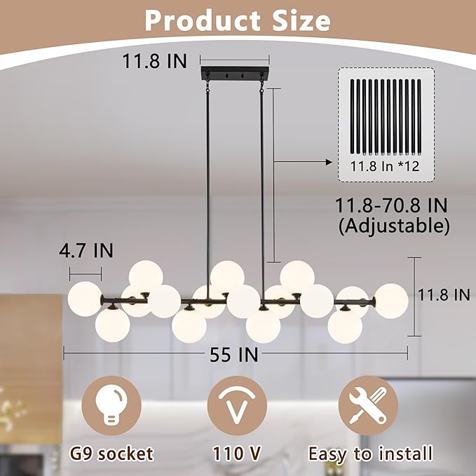 Linear Chandeliers for Dining Room, 55in Large Modern Globe Chandelier 16-Light Large Pendant Lights Kitchen Island Lighting with Milk White Glass Sputnik Chandelier Bubble Sputnik Light Fixture
