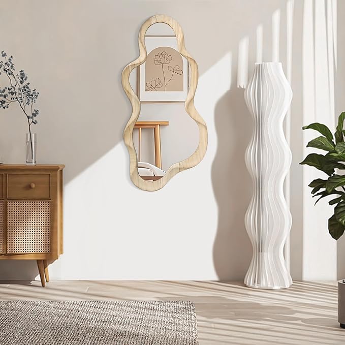 Asymmetrical Mirror Large Irregular Wall Mirror Modern Wood Frame Unique Artistic Mirrors Cute and Stylish Cloud Wavy Mirror Decorative for Cloakroom Bedroom Living Room Bathroom Entryway