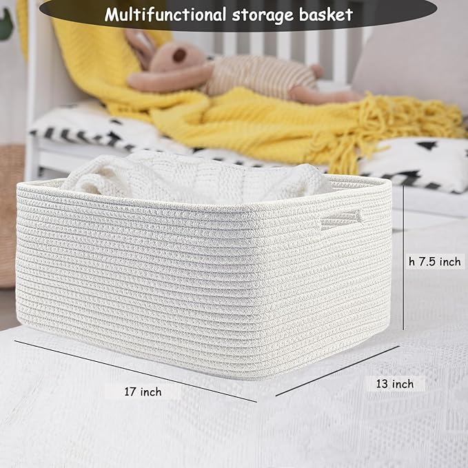COMFY-HOMI 3 pcs Large Storage Baskets for Shelves, Laundry Basket, Woven Rope Basket, Closet Organizer Bins for Clothes Blanket Towels, Baby Nursery, Gift Toy Baskets, 17” x 13” x 7.5”-White