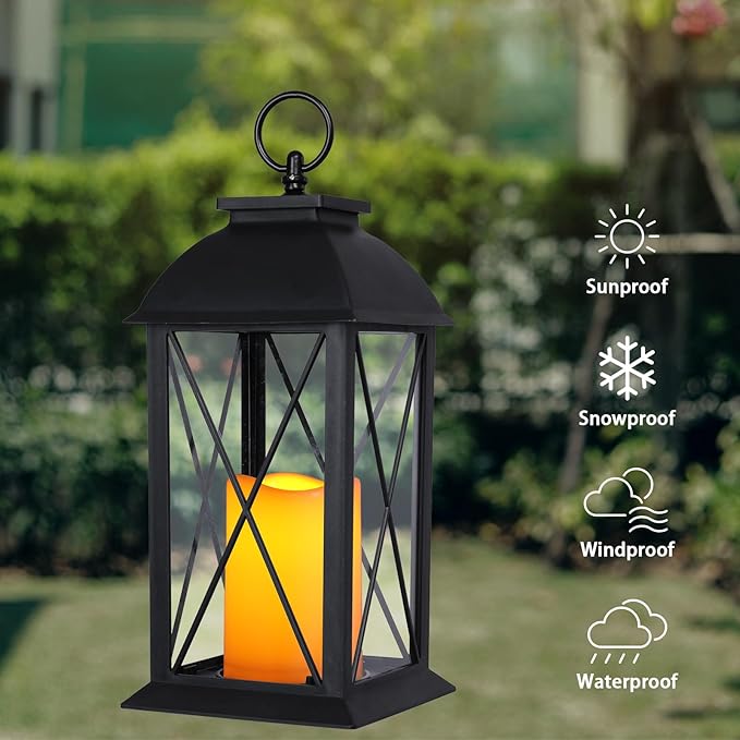 2 Pack 13-Inch Black Decorative Lantern with LED Candle (6hr Timer) - IP65 Waterproof Battery Powered - Outdoor Patio Hanging Lanterns Decorative Tabletop Lanterns