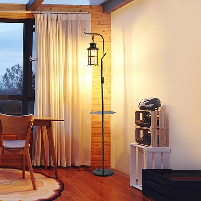 Vintage Dimmable Floor Lamp with matel Table,Classical Lanterns Standing Lamp, Rustic Farmhouse Floor Lamp with Black and Bronze Finish, for Living Room Bedroom