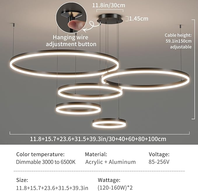 LED Pendant Light for Kitchen Island, 5-Ring Black Modern Chandelier, Dimmable 3000K-6500K, Adjustable Height, Remote Control, Hanging Ceiling Lighting Fixture for Dining Room, Living Room Lamp