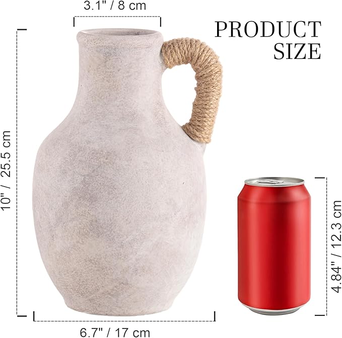 Ceramic Flower Vase Home Decor - 10 Inch Large White Rustic Table Flowers Vases Living Room Bedroom Plant Decorations Farmhouse Vintage for Kitchen Shelf Office Coffee Dining Desk House Women