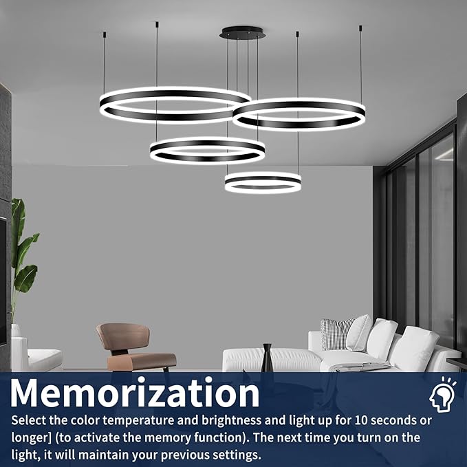Modern LED Chandelier Light, 4 Ring Black Pendant Lighting Fixture, Adjustable Hanging Ceiling Lamp for Dining Room, Kitchen Island, Entryway, Living Room, Dimmable Dining Lights Over Table