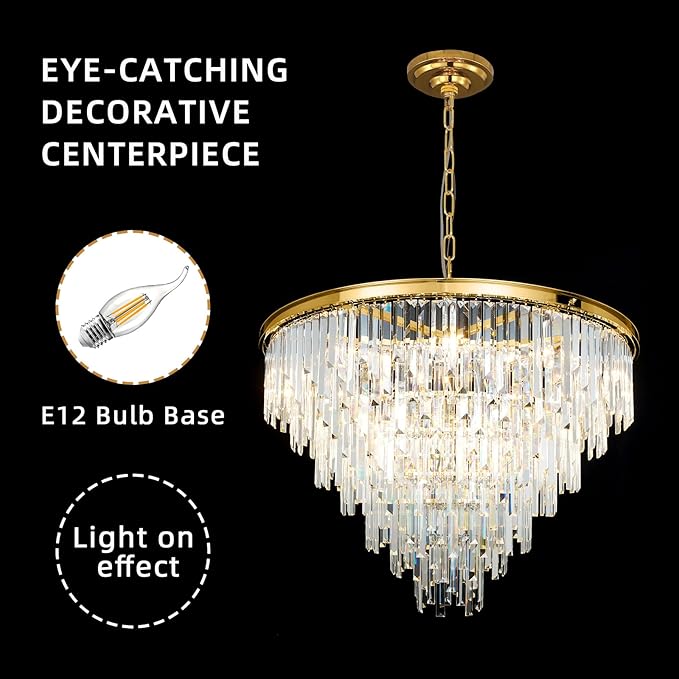 Gold Top K9 Crystal Chandelier Modern Lighting Fixture, 24 Lights Round K9 Crystal Adjustable Hanging Lamp for Dining Room Bedroom Living Room,Hallway,Bar,Kitchen W39''