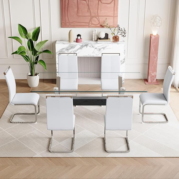 7 Piece Glass Dining Table Set, Kitchen Table Chairs Set for 6, 71'' Dining Table with 0.4" Tempered Glass Tabletop with Plated Metal Legs and MDF Crossbar, 6 PU Chairs for Dining Room, Kitchen.