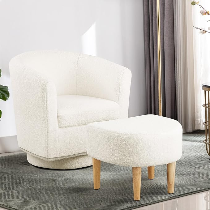 DAZONE Sherpa Swivel Accent Chair with Ottoman, Fluffy Teddy Barrel Chair Set, Comfy Upholstered Armchair for Living Room, Bedroom, Reading Nook, White