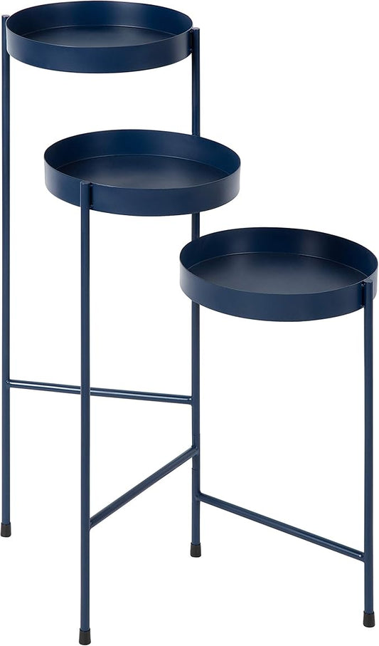 Kate and Laurel Finn Tri-Level Metal Plant Stand, 16" x 21" x 30", Navy Blue, Decorative Hinged Tray Stand Display