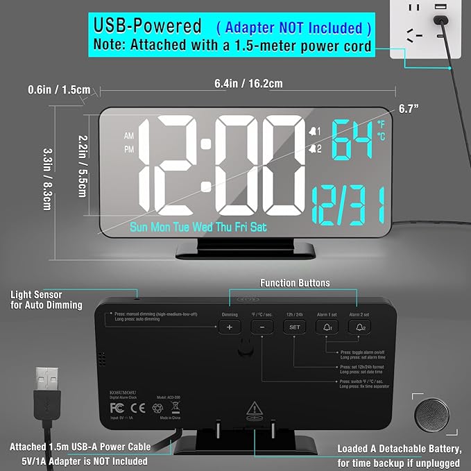 KOSUMOSU Digital Alarm Clock 6.7in Black Clock for Bedroom, Dual Alarm, Date, Seconds,Day of Week,12/24h,Dimming, Temp, Desk Clock, LED Clock for Living Room, Calendar Digital Clock