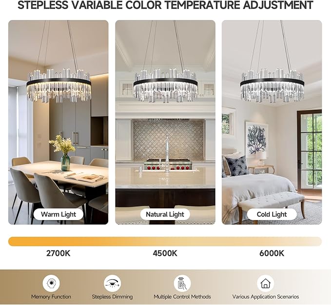 Black Led Modern Crystal Chandelier: 23.6" Round K9 Luxury Clear Crystals 3 Color Dimmable Contemporary Chandeliers for Dining Room Lights over Table - Adjustable Height Living Room Light with Remote