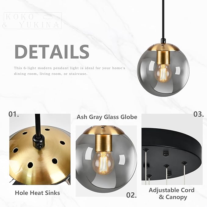 KoKo&Yukina Gold 6-Light Globe Chandelier Modern Globe Pendant Light Dining Light Fixtures Ceiling Hanging Stairwell Lighting Adjustable Staircase Lights Grey Glass Light Fixture for Kitchen