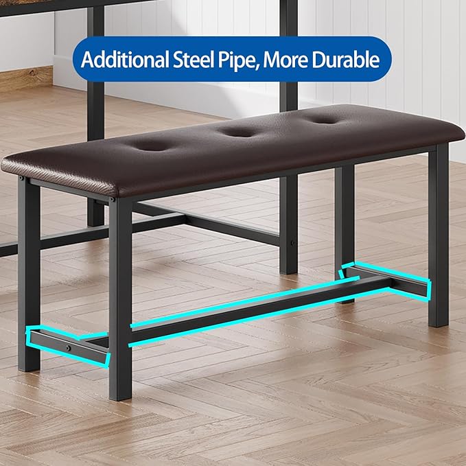 GarveeHome Dining Table Set for 4, Kitchen Table with 2 Upholstered Benches, Wood Kitchen Dining Room Set, for Small Space, Apartment, Home, Dinner, Retro Brown