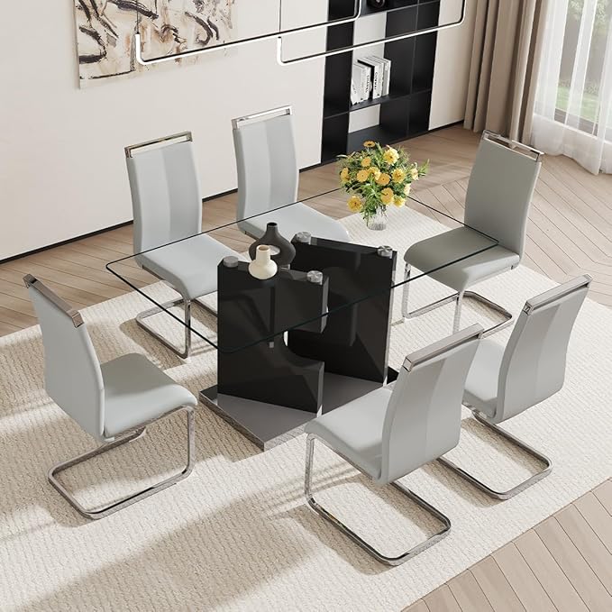 Glass Dining Room Table Set for 6,Dining Table Set for 6 with PU Leather Chairs,Retangular Dining Table with MDF Table Legs and Sliver Base for Dining Room
