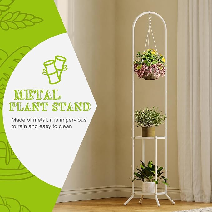 BMOSU Plant Stand with Hooks Indoor Outdoor Corner Tall Plant Stand Heavy-Duty Metal 3-Tier Plant Shelf Holder Rack for Patio Garden Balcony Living Room Bedroom(circular White)