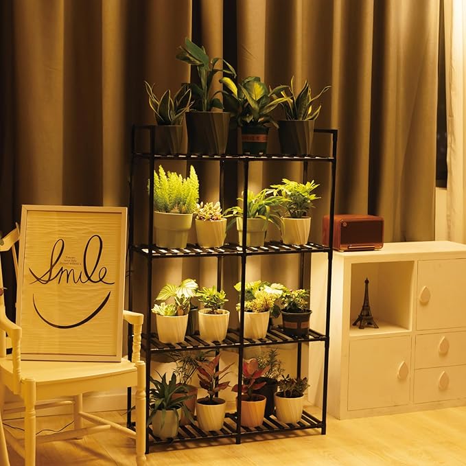 4-Tier Wooden Plant Stand with LED Grow Lights - Adjustable Shelf for Indoor Plants, Living Room, Balcony - Dimmable & Space-Saving (Plants Not Included)