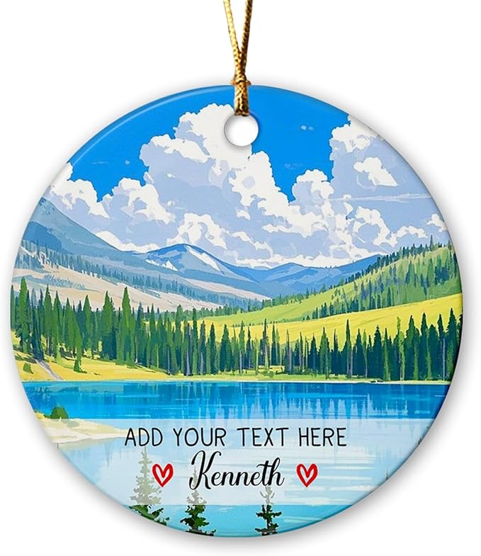 Yellowstone National Park Ornament Christmas 2025, Personalized Text/Name Yellowstone Landscape Ceramic Keepsake Ornament Gift for Outdoor Adventure Lovers, Custom USA Landscape Xmas Tree Decorations