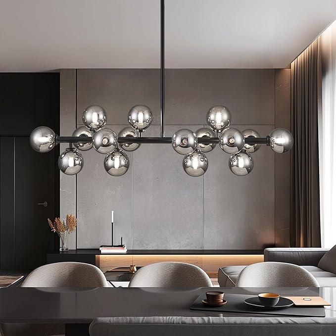Glass Globe Sputnik Chandelier, 16-Light Mid Century Modern Light Fixture Over Table, Linear Chandeliers for Dining Room, Kitchen Island, Black and Smoke Grey Bubble, 40 Inch, GC-02