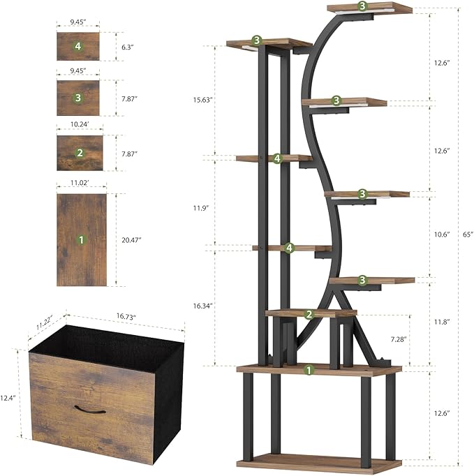 Plant Stand Indoor with Grow Lights - 9 Tiered Plant Shelf Indoor with Drawer, 65" Corner Plant Stand for Indoor Plants, Lighted Large Plant Stands, Flower Rack Display for Living Room, Garden, Patio
