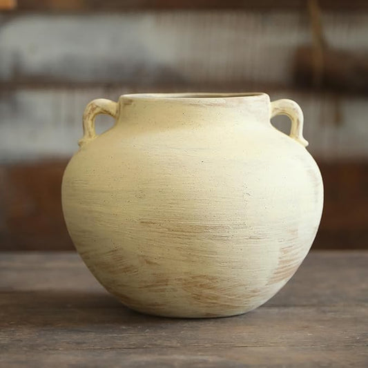 Handmade Beige White Two-Ear Ceramic Vase, Textured Pottery Vase with Two Ears for Centerpieces, Kitchen, Living Room, Bedroom Decor Gifts (Beige White*, Short)