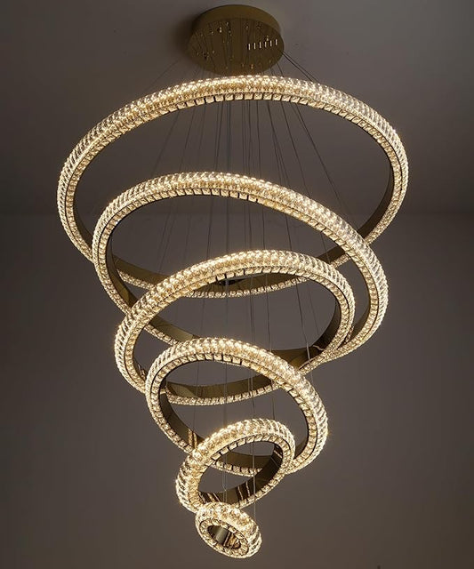 47" 6 Ring Crystal Chandelier Modern LED Dimmable Ring Pendant Light Chandelier for Dining Room Living Room Black
