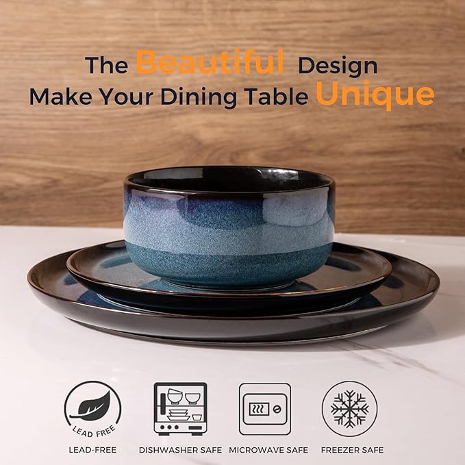 LERATIO Ceramic Dinnerware Sets for 12, 36 Pieces Plates and Bowls Sets, Reactive Glaze Dishes -Scratch Resistant, Dishwasher&Microwave Safe&Oven Safe-Blue