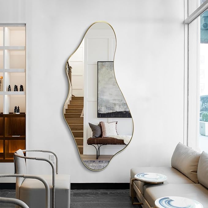 Large Irregular Mirror, Asymmetrical Mirrors Full Length, 55"x25.6" Wavy Shaped Mirror with Metal Frame, Gold Decorative Abstract Mirrors for Living Room Bathroom Bedroom Hallway Entryway